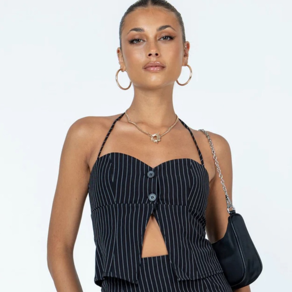 Princess Polly Luca Pinstripe Black White 2 Button Halter Top